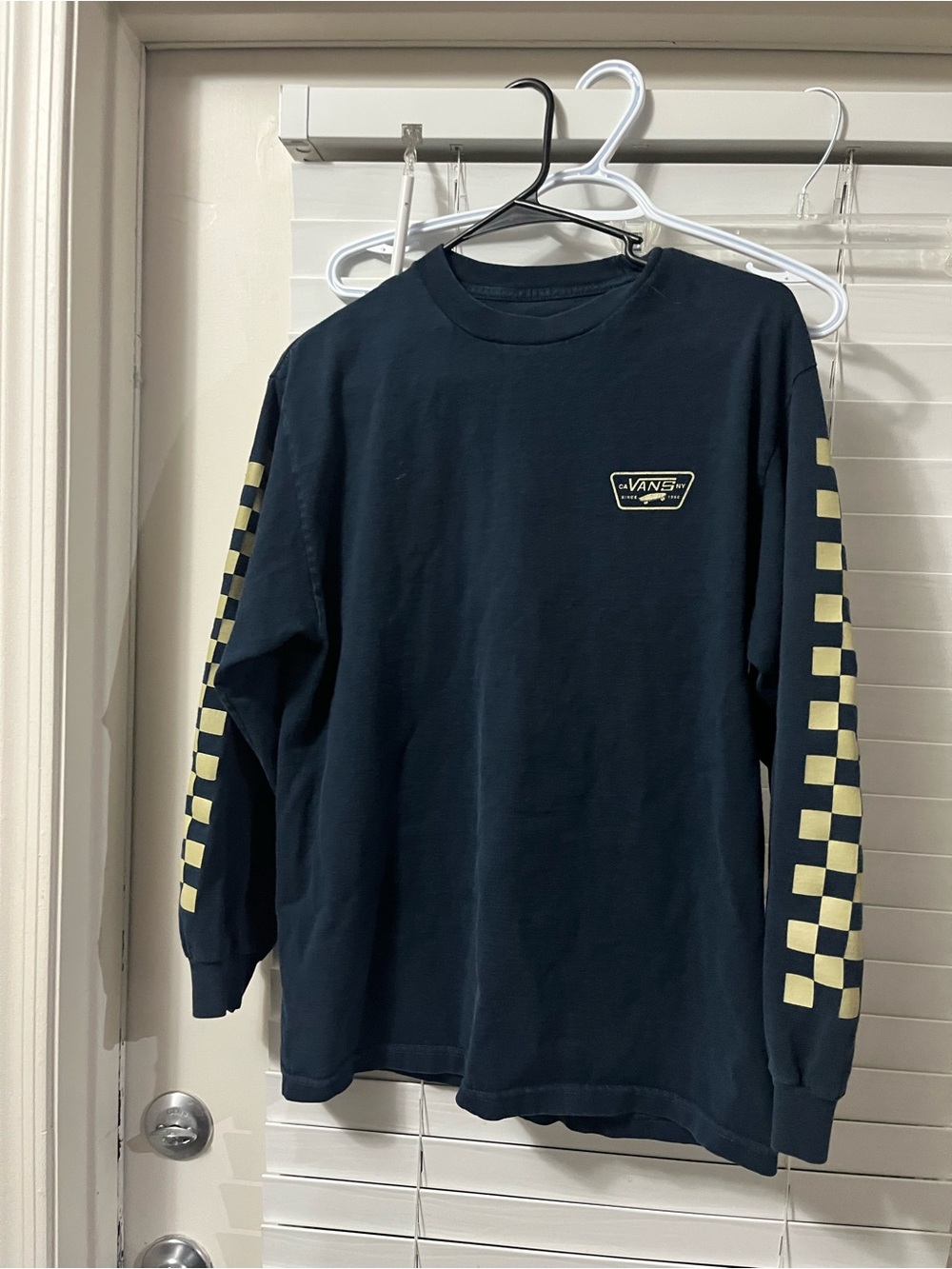 Vans Navy Long-Sleeve Tee with Yellow Checkerboard Sleeves